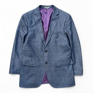 Johnston Murphy Blue Plaid Silk Wool Linen Blazer Mens S Formal Classic Business